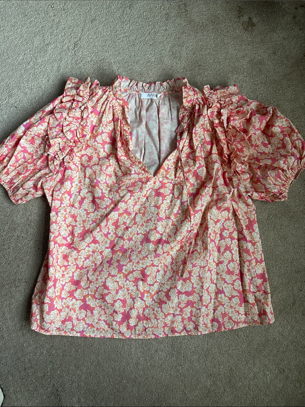 Avara Pink Floral V-Neck Ruffle Sleeve Blouse